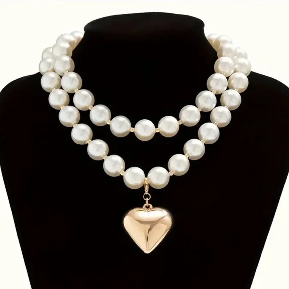 220. 2 Pieces/Set Exquisite Heart-Shaped Pendant Necklace - Faux Pearl Strands - Picture 4 of 4